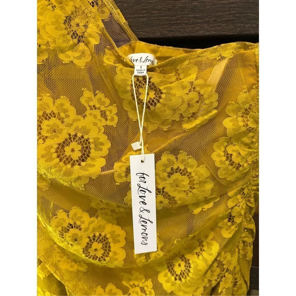 NWT For Love & Lemons Tiana Mustard Yellow Floral Lace Mini Dress Size Small